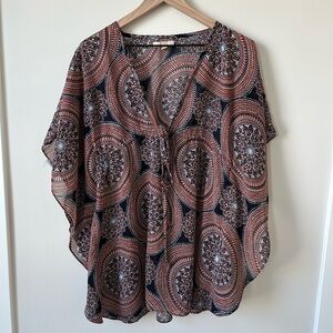 Banana Republic Navy Blue and Orange Patterned Blouse
